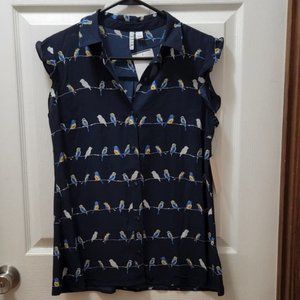 Elle Womans Sleeveless Ruffle Navy blue Shirt  Birds on branches Sz S NWT